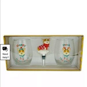 NWT TWD CORGI  BUDDLE BOTTLE STOPPER & 2 Stemless wine glasses